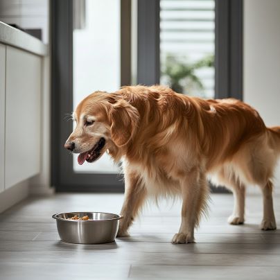 Hund frisst aus einem Napf in einer Unterkunft in Würzburg